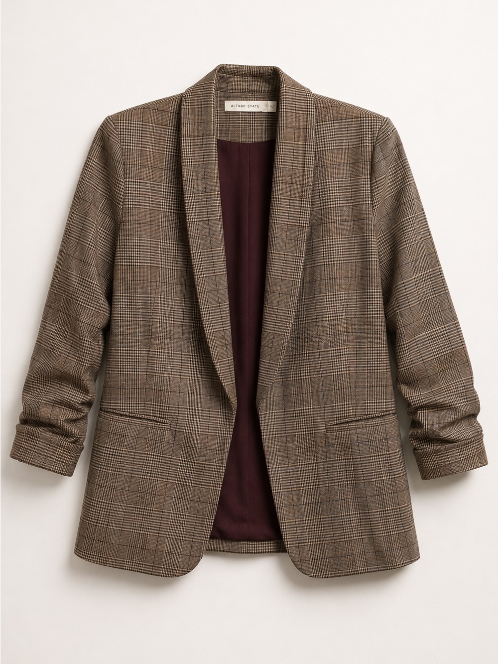 Altar’d State Plaid Open Front Blazer Brown Taupe Career Chic Size S